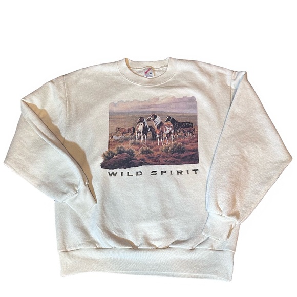 Jerzees Sweaters - VTG 90s Wild Spirit Horse Graphic Crewneck Sweatshirt Cream